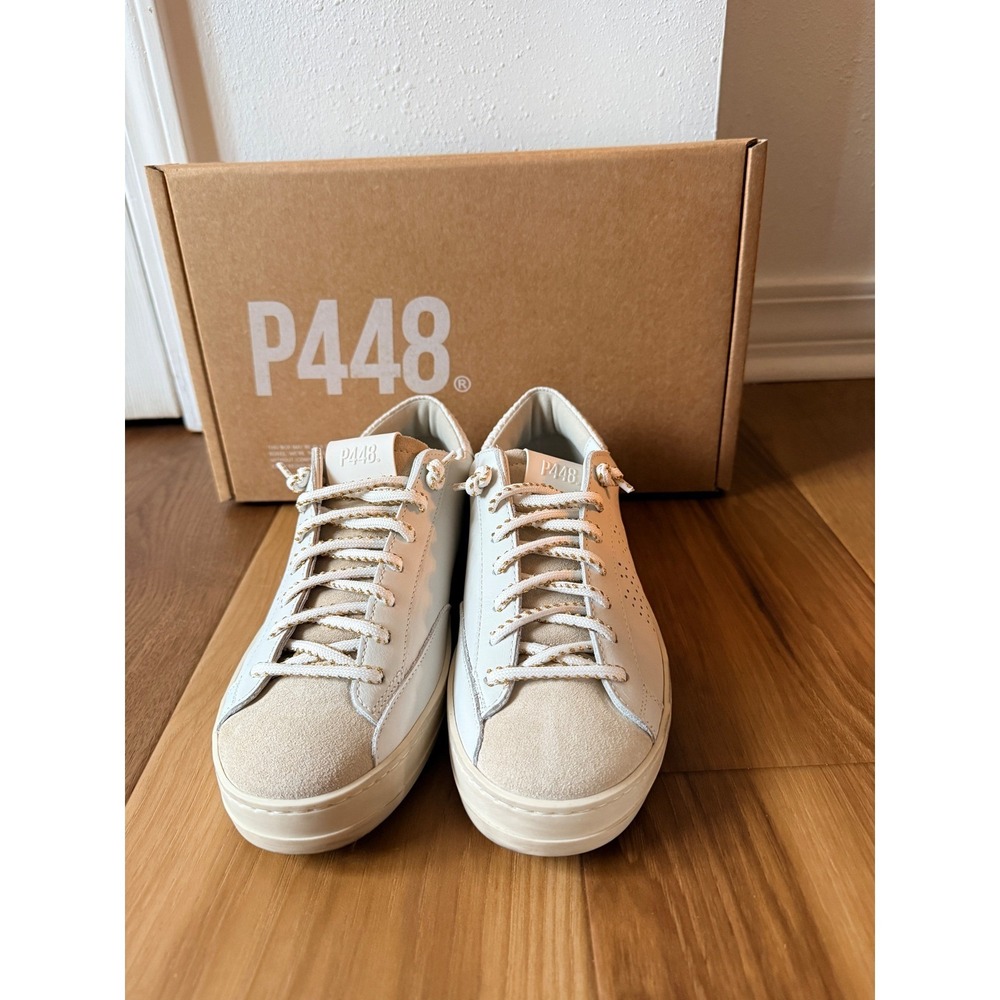 P448 John Low Top Sneakers Womens 10 US 40 EU White Beige Leather Made in Italy - Picture 8 of 11